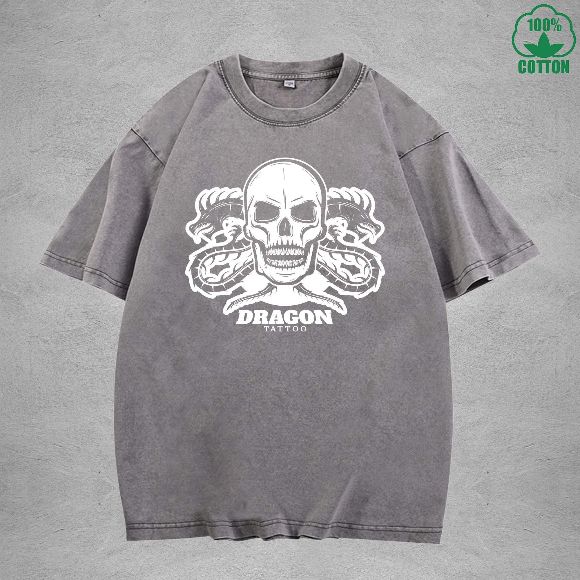 Dragon Tattoo Interest Printed Washed T-Shirt 230G Multicolor Loose Trendy Fashionable Cotton Short Sleeve Top