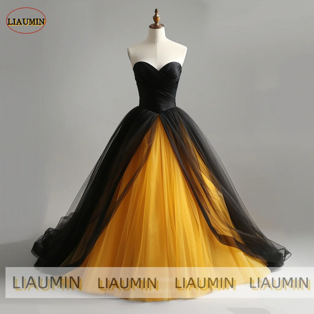 Sur mesure Jaune Noir Tulle Sans Bretelles Une Ligne Book ine Longueur Bal De Mariage Robe Formelle Pour Soirée À Lacets Dos Personnalisé Fait À La Main A1-18