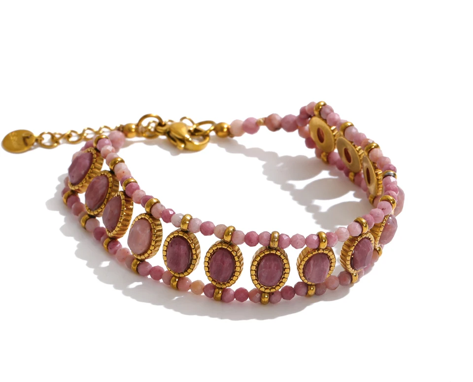 Yhpup Rhodochrosit Afrikanischer Türkis Stein Kettenarmband für Frauen Edelstahl Handgefertigter Exquisiter Schmuck – Detail 3