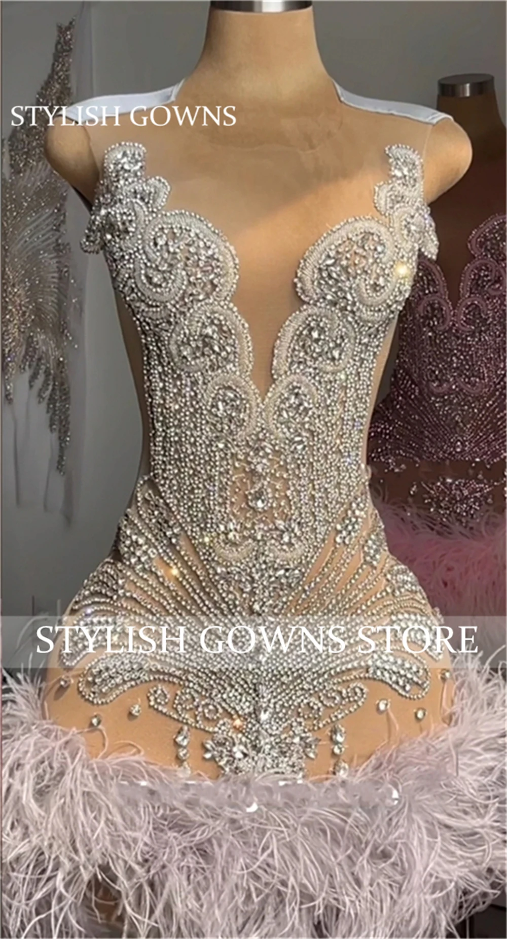 Pink Short Prom Dresses For Black Girls Silver Beaded Crystal Feathers Birthday Dress Mini Cocktail Gowns Homecoming Customized