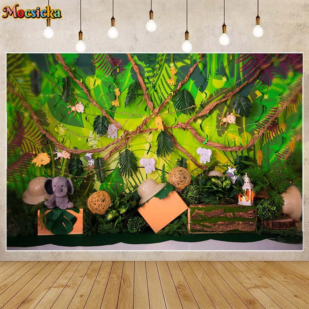 

Mocsicka Baby Kid Photography Background Jungle Animals Green Leaves Safari Birthday Party Backdrop Photocall Photo Studio Props