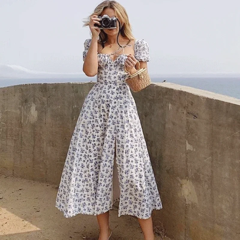 European and American women's summer new printed French floral open back slim strap slit dress Sweet Off Shoulder Ruffle Dress