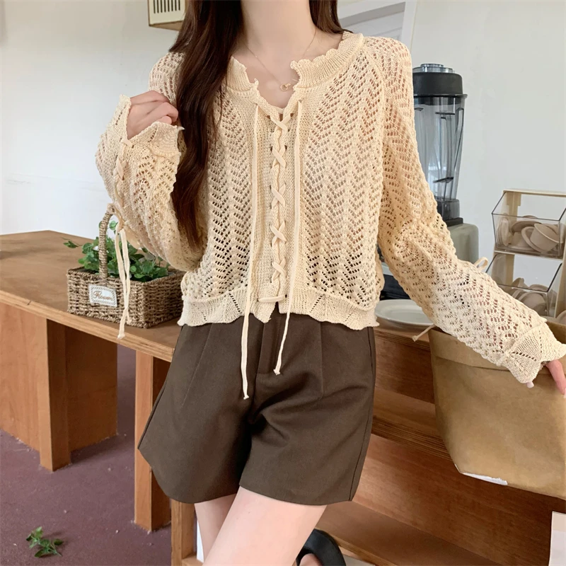 new casual versatile Korean version V-neck drawstring design with sun protection and breathable knitted cardigan top for women