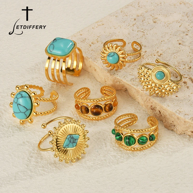 Letdiffery Retro Natural Stones Rings for Women Stainless Steel French Style Adjustable Open Waterproof Rings Party Jewelry Gift