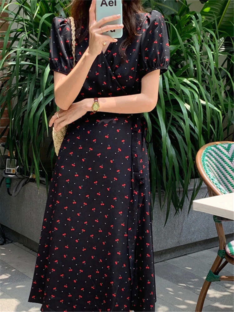 DR9280 2024 New Printed Floral Elegant One Piece V-Neck Lace Up High Waist Korean Vintage Lady Spring Summer Women Long Dresses