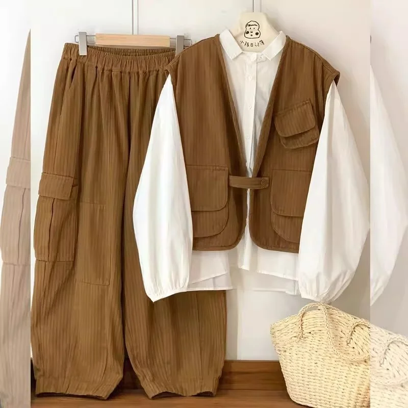 Large Size 300 Pou Men's Casual Faion Vintage irt Vest Pants Tee-piece Set Outdoor Wear Combination Autumn Long Sve