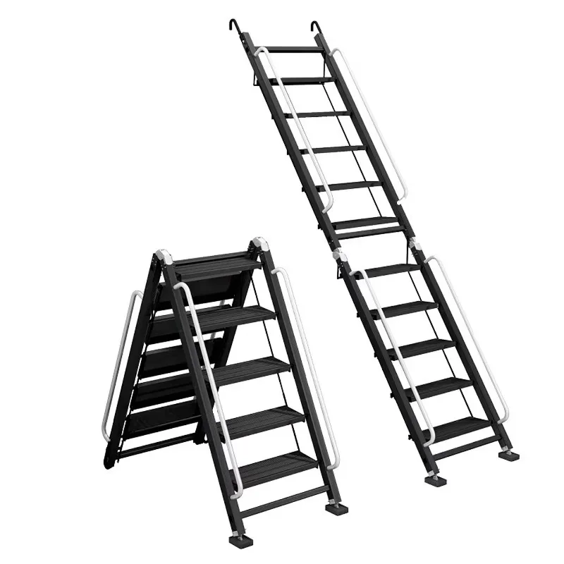 Thickened aluminum alloy loft ladder with extended handrails for indoor and outdoor use, aluminum-magnesium alloy matte black