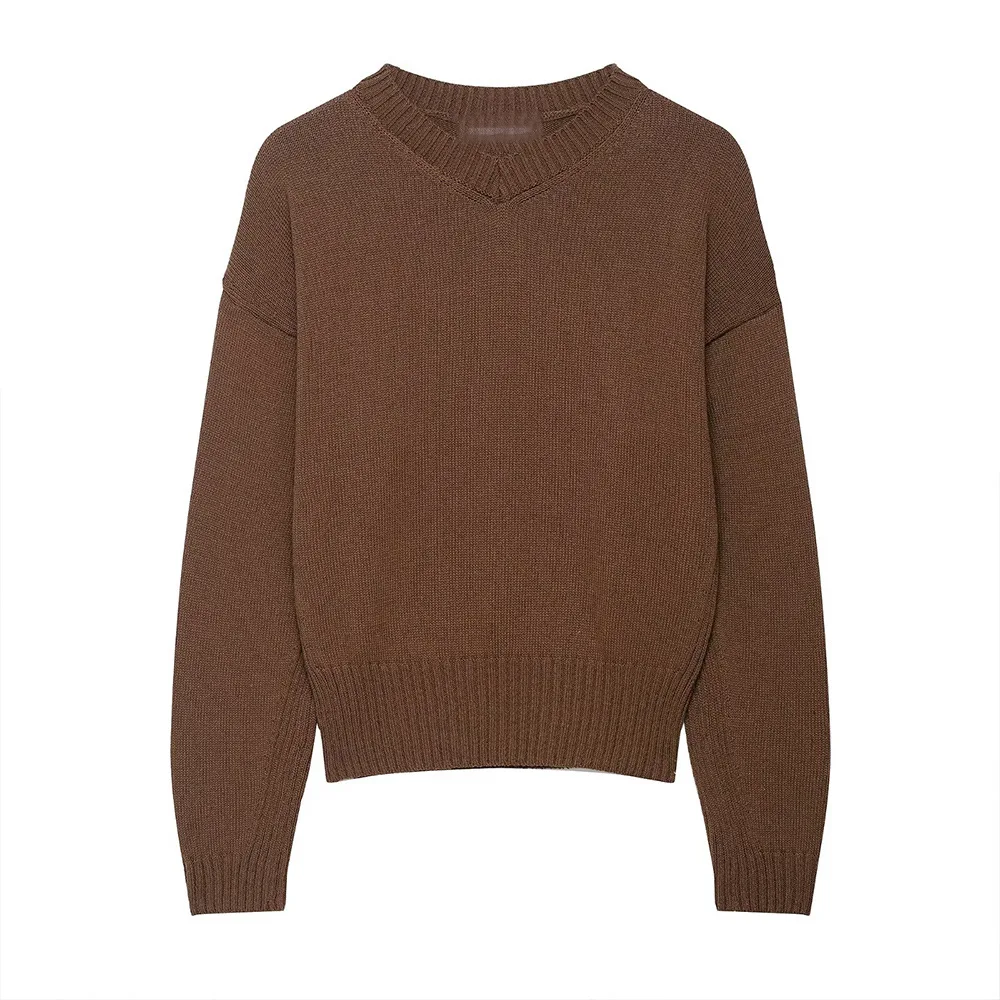 

Woman's Retro Knitted Sweater V-neck Pleated Waist Long-sleeved Solid Color Pullover Lazy Style Outfit Autumn New Chic Top