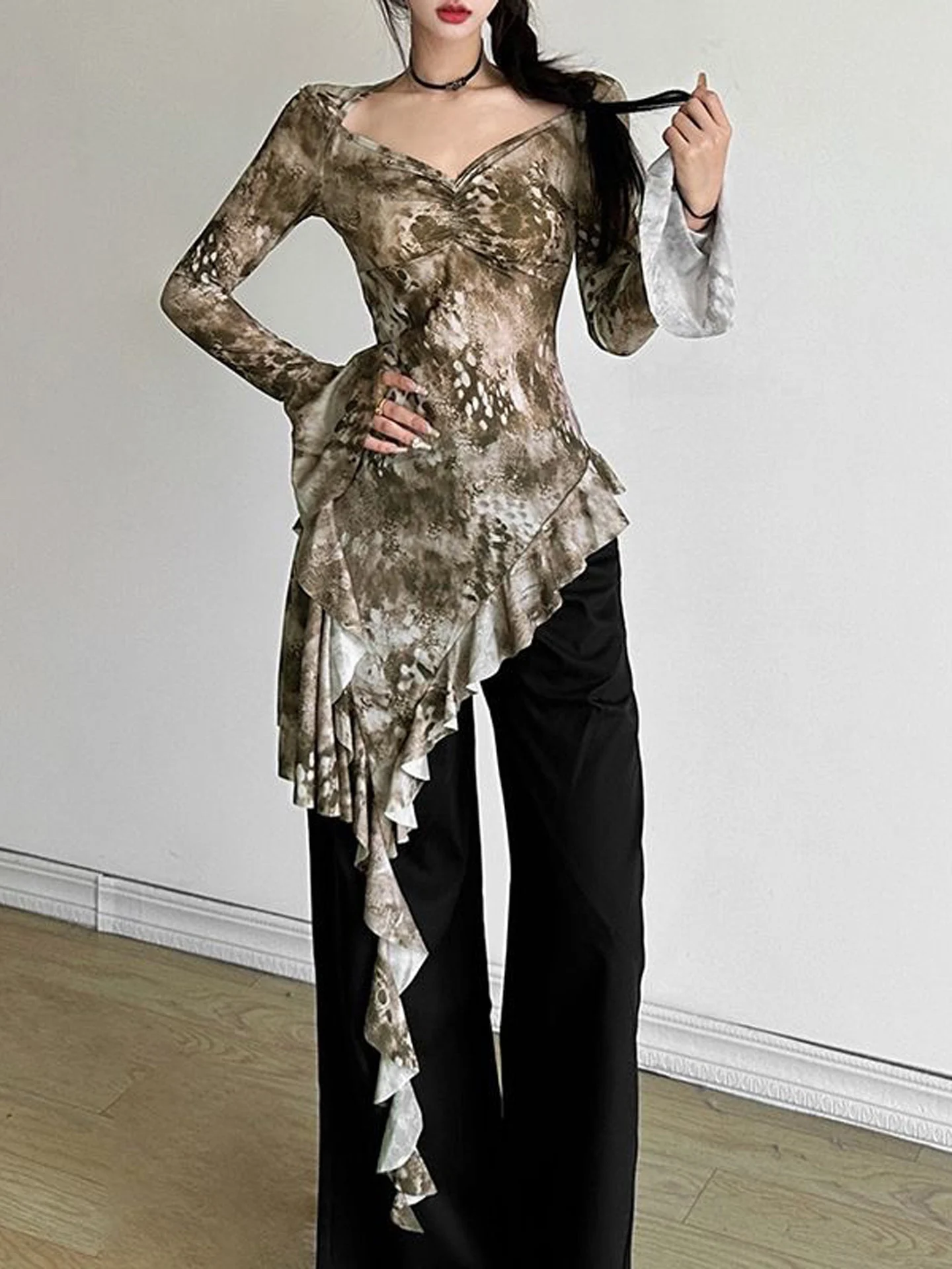 American Style Tie Dye Gradient Ruffle Sleeve Long Sleeve T Shirt Women Asymmetrical Slimming Sun Protection Top Trendy