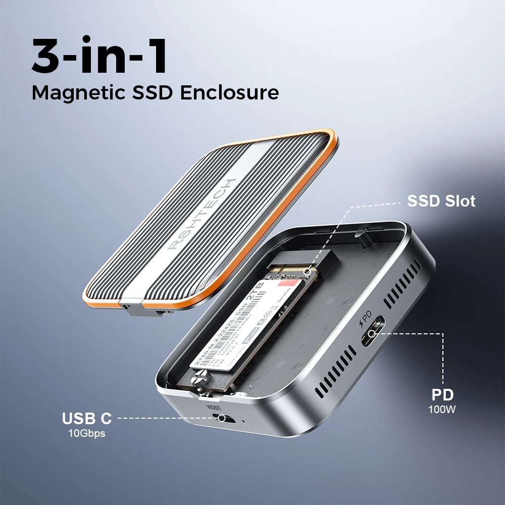 Aluminum 3-in-1 Phone Magnetic SSD Enclosure with PD100W Type-C 10Gbps Data Transmission for M.2 NGFF & NVMe PCle with 2230/2242