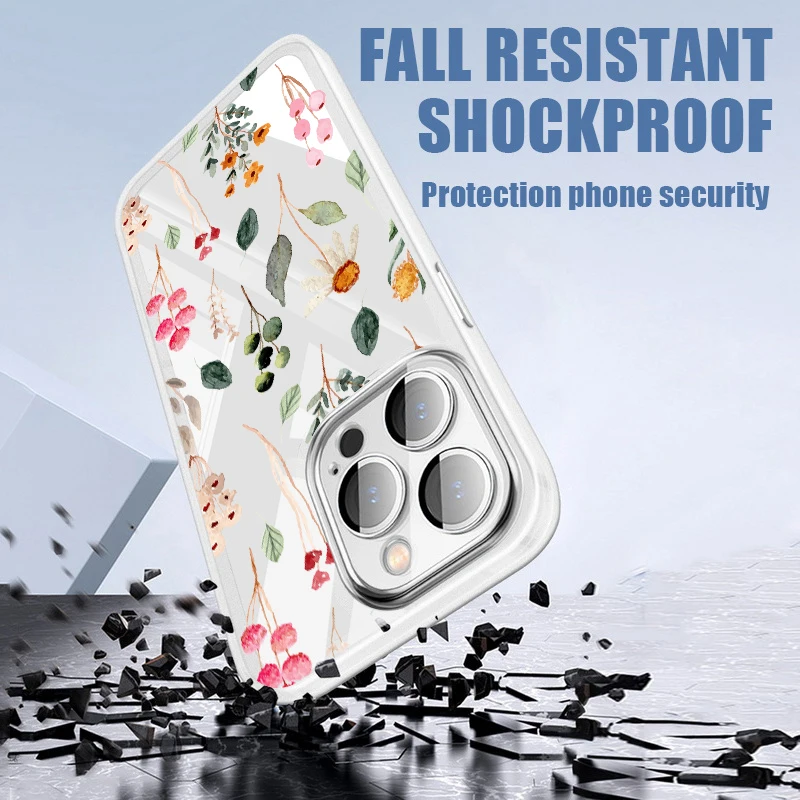 Luxury Flower Print Case For iPhone 15 16 Pro Max 11 12 13 14 Pro Max Lens Protector Shockproof Clear Soft Silicone Cover