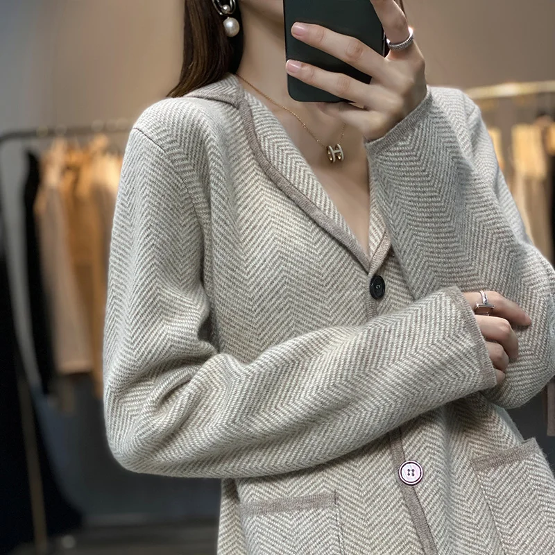 Autumn Winter Women Pure Cashmere Wool Suit Coat Sweater Casual Knitted Tailored Collar Cardigan Thickening Outwear Soft Jacket