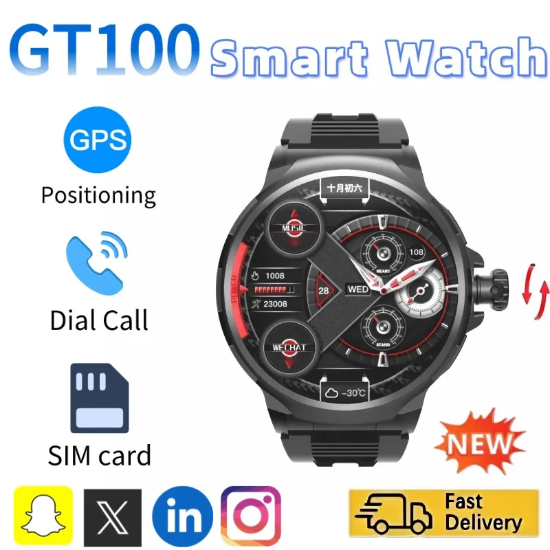 

GT100 Smart Watch for Men Women 1.85 Inch HD Screen 4G GPS SIM Card 180 Degree Rotating Camera 1050mAh Battery Android OS