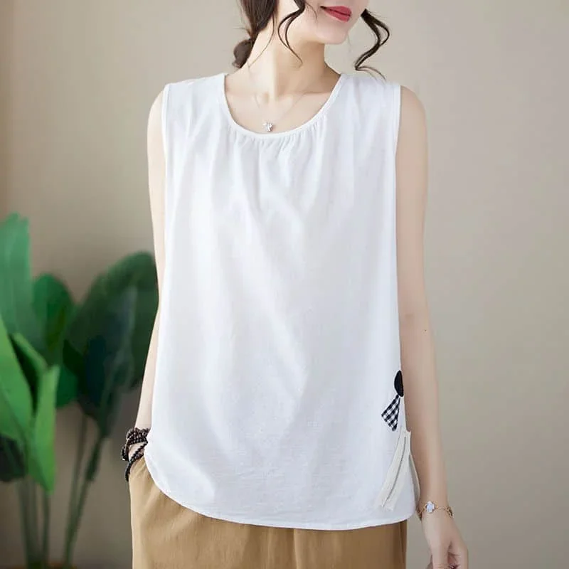 

Literary Vest for Women Summer Minimalism Korean Style Casual Oversized Elegant Tanks O-neck Sleeveless T-shirts Women Clothing