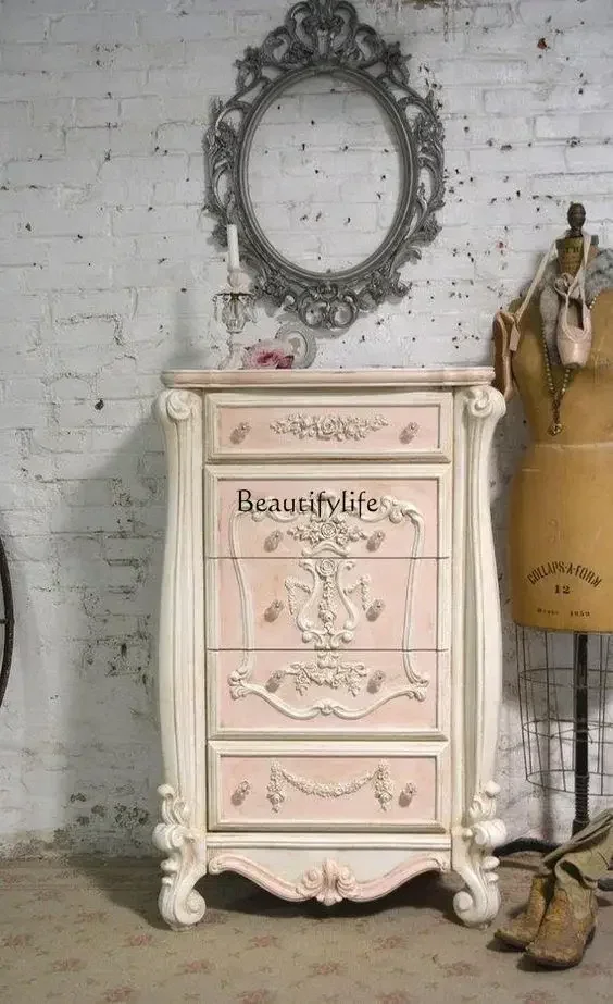 

FG26French Retro Distressed Five-Drawer Cabinet American Country Style Solid Wood Entryway Storage Drawer Cabinetlx