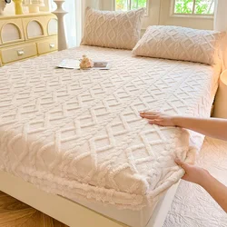 1pc Winter Warm Bed Sheet with Elastic Band Single/Queen/King Mattress Cover Thick Coral Fleece Fluffy Fitted Bed Sheets for Bed