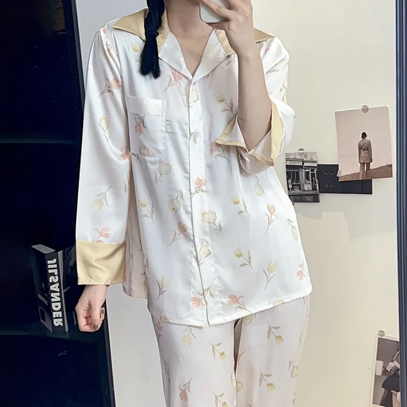Turn-down Collar Long Sleeved Top and Pants Two Piece Set Printed Pajamas Spring Thin Ice Silk Pajamas Home Clothing for Women