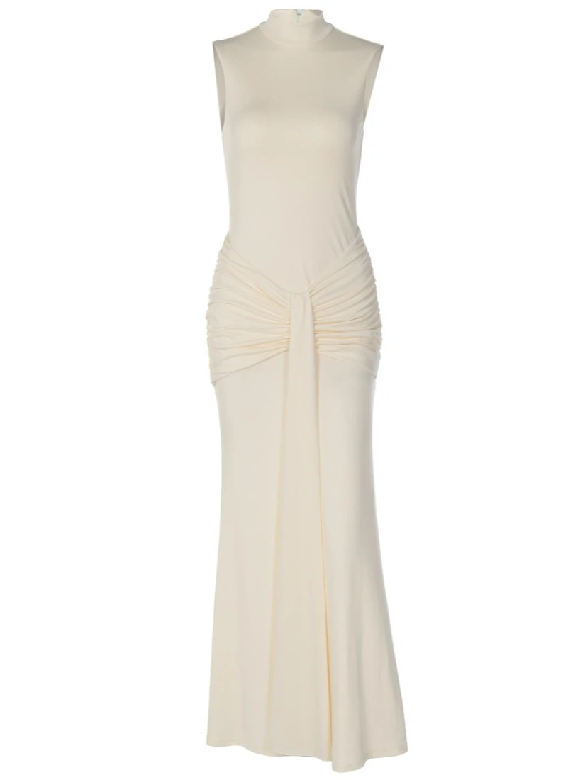 SsTss Vestido maxi bodycon sem mangas com gola sólida para mulheres moda verão chique franzido slim fit sexy festa clube vestido longo