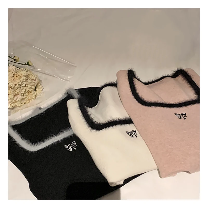 ITOOLIN Winter Women Butterfly Embroidered T-shirts Square Neck Long Sleeve Patchwork Y2K T-Shirts Autumn Women Casual Tees
