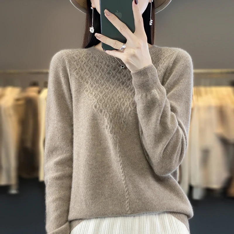 

100% Wool O-neck Sweater Hollow Out Spring Stylish Women Knit Long Sleeve Top Fashion Autumn Casual Slim Female Pullover Jumper