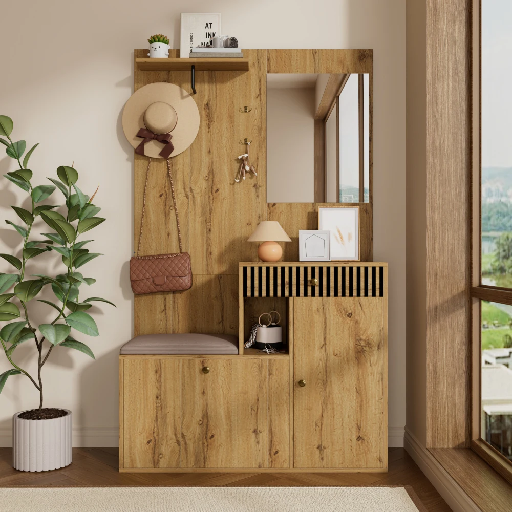 PINGGO Kompaktes Garderoben-Set mit Spiegel und Kissen, Flur-Wandregal, Garderobenpaneele, Schuhschrank für Flur-Aufbewahrung – Detail 8