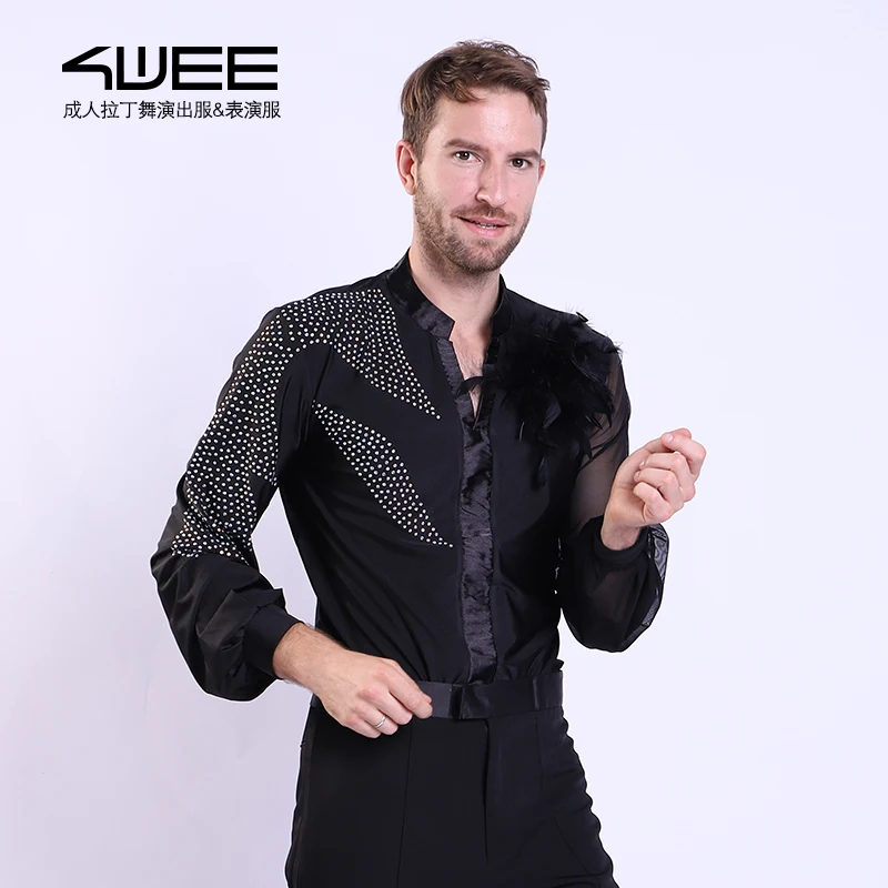 Men Latin Dance Lace black and red Garment Dance Waltz Ballroom Dance Garment Performance latin man shirts Cha Cha Dance Wear