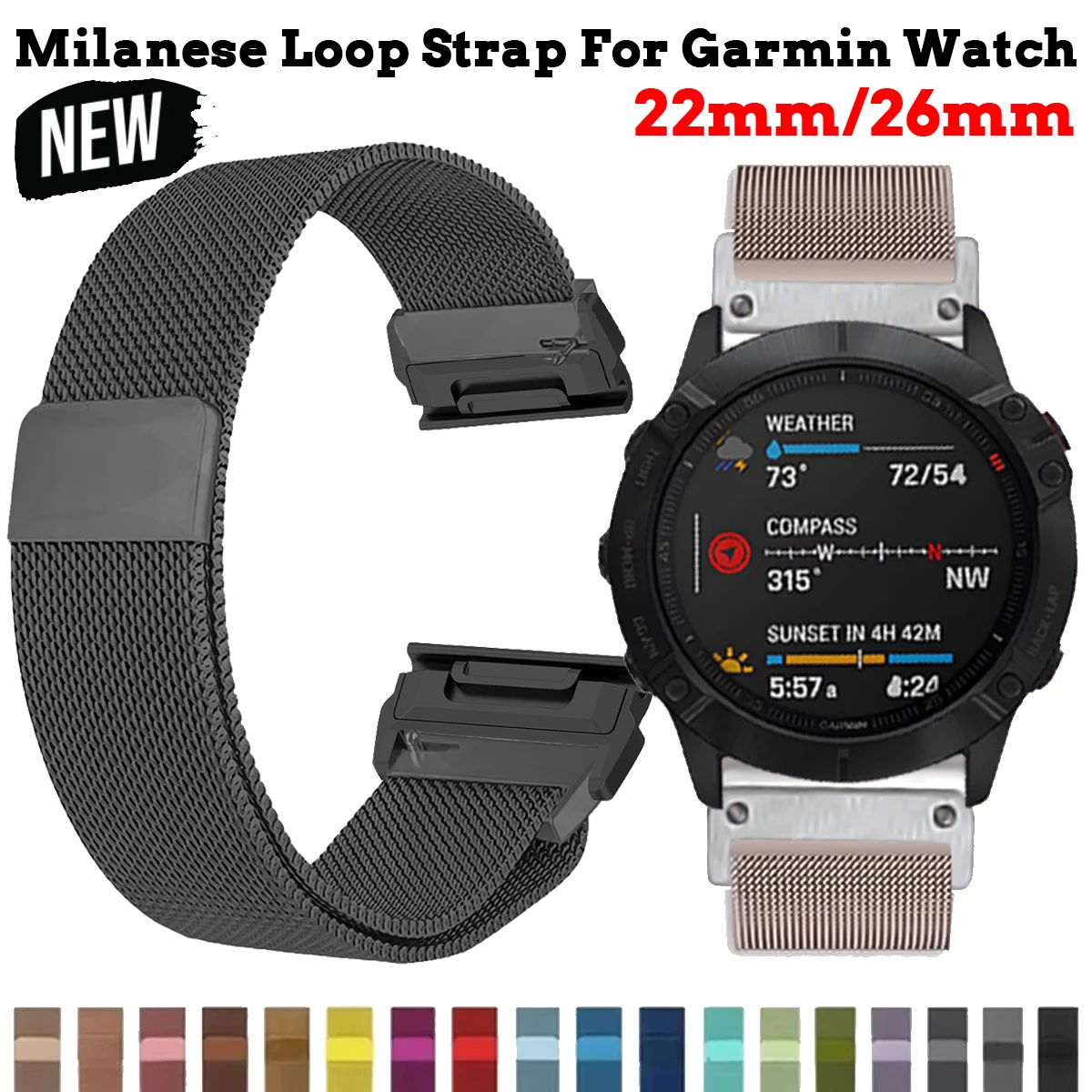 

Миланский ремешок 22/26 мм для часов Garmin Fenix 8 51/Epix Pro Gen2 51 мм 47 мм/6X 7X Pro/Fenix 5XPlus forerunner 570 965 Ремешок для часов