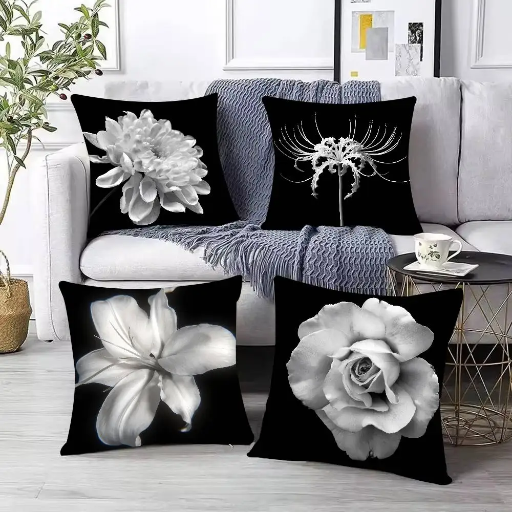 Dark Gothic Black White Floral Throw Pillowcase, Monochrome White Lily Rose Daisy Flower On Black Background for Living Room