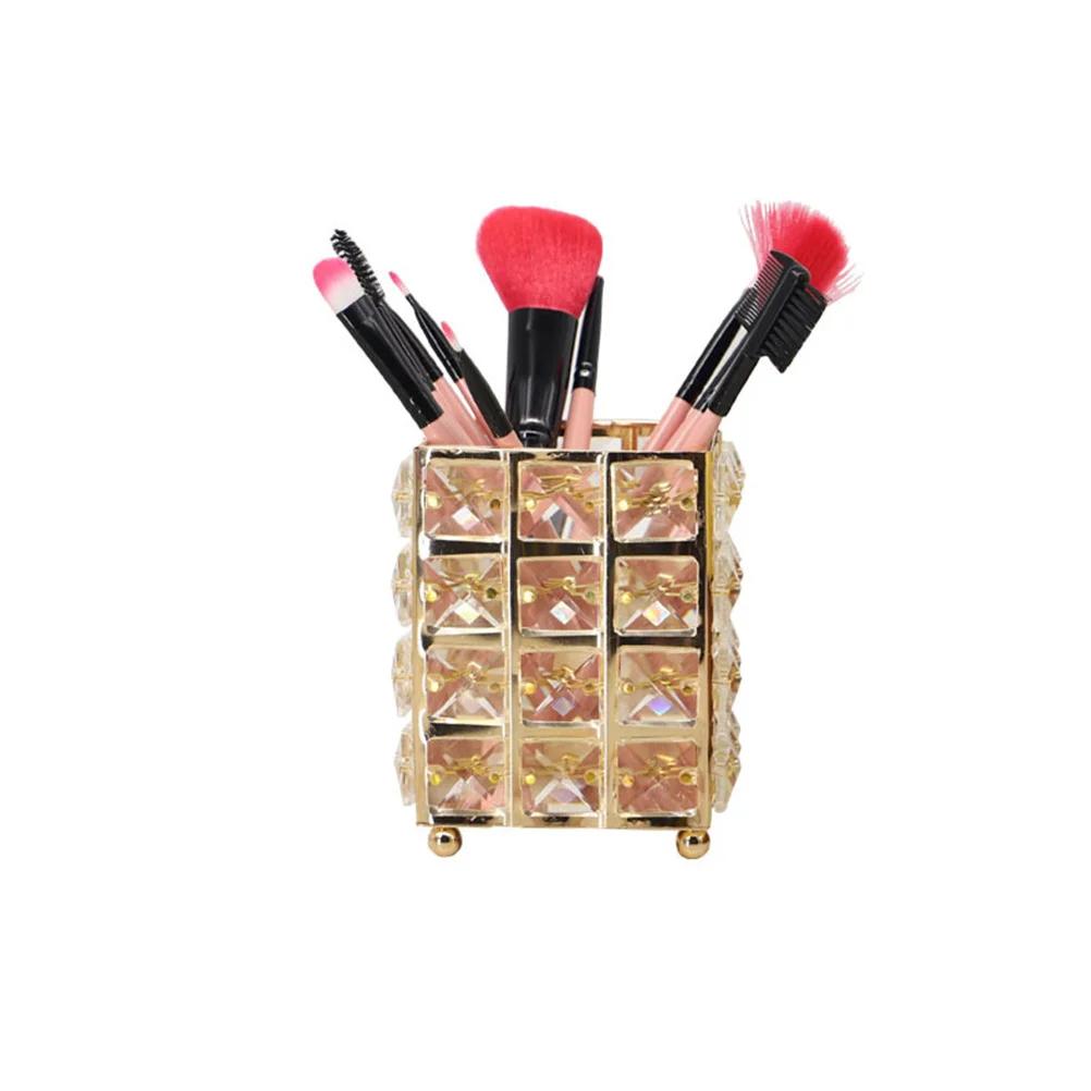 Golden Crystal Makeup Brush Pot Pen Pencil Holder Desk Organizer Scratch Resistant Modern Design Vanity