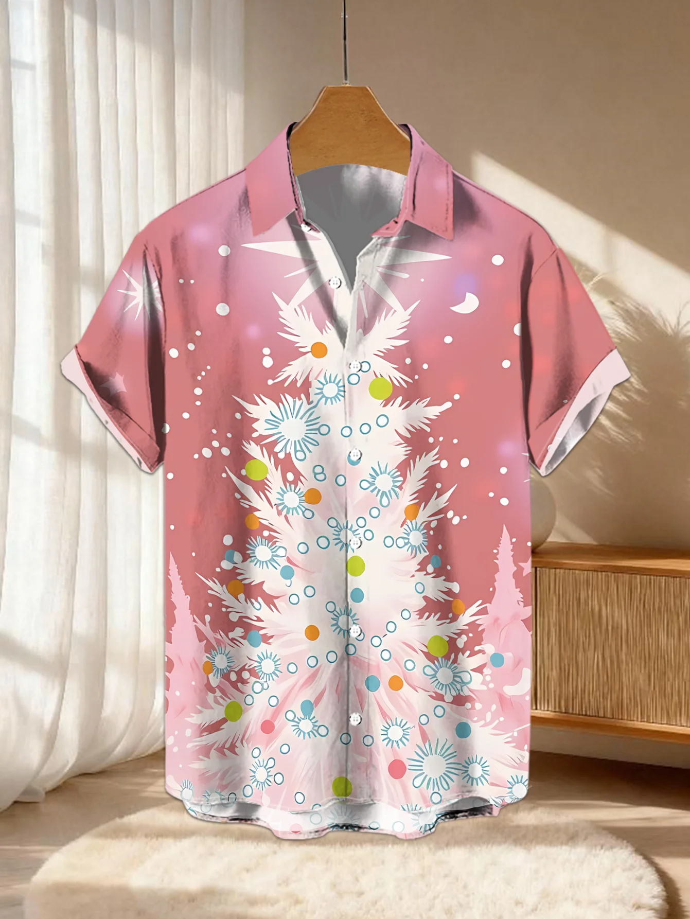 Men Short Sleeve Shirt Graffiti Christmas Tree Print Turn Down Collar Casual Holiday Tops Men's Clothing