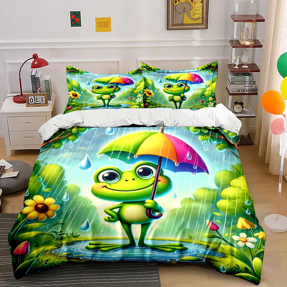 

Frog strolling in rain with rainbow umbrella Printed Duvet Cover Set 1 Duvet Cover+2 Pillowcase Multi Size Bedroom Bedding Decor