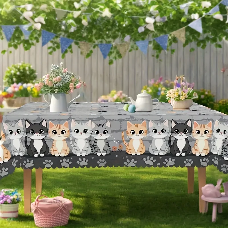 Tablecloth, Featuring an Adorable Cat Print with Raised Cat And Paw Designs, Made of Polyester, Ideal for Home And Party Decor