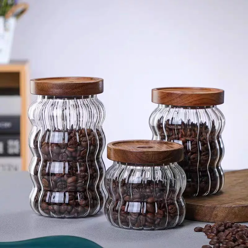 Wood Lid Striped Glass Airtight Canister Kitchen Storage Bottles Jars Food Container Coffee Beans Grains Candy Jar Containers