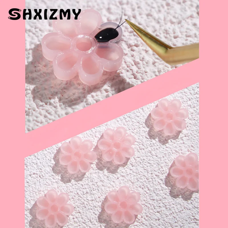 100 Pcs Flower Beauty Eyelash Extension Glue Cups Pink Delayed Cup Grafting Eyelash Makeup Tool Tattoo Adhesive Pigment Cups