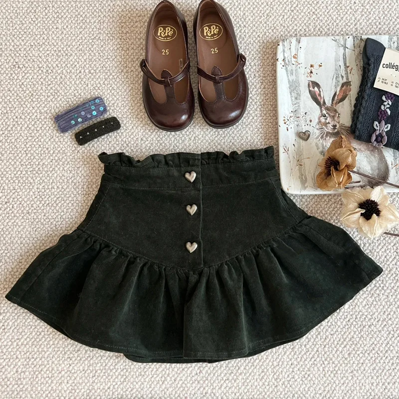 

Korean Children's Clothing Girls' Skirt 2024 Autumn Clothing Medium and Older Dark Green Corduroy Skirt Children's Solid