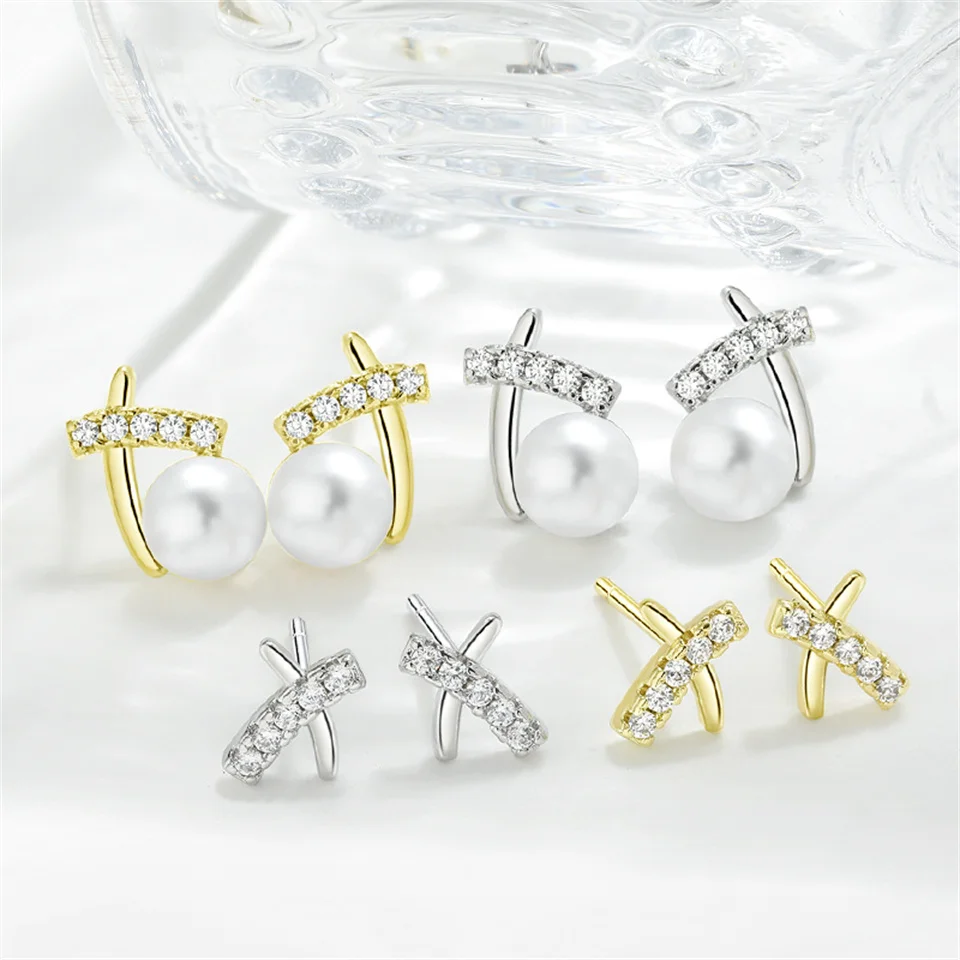 

New Simple And Compact Line X Earrings Diamond-studded High-end Personality Stainless Steel Jewelry Letter Cross Pearl Earrings