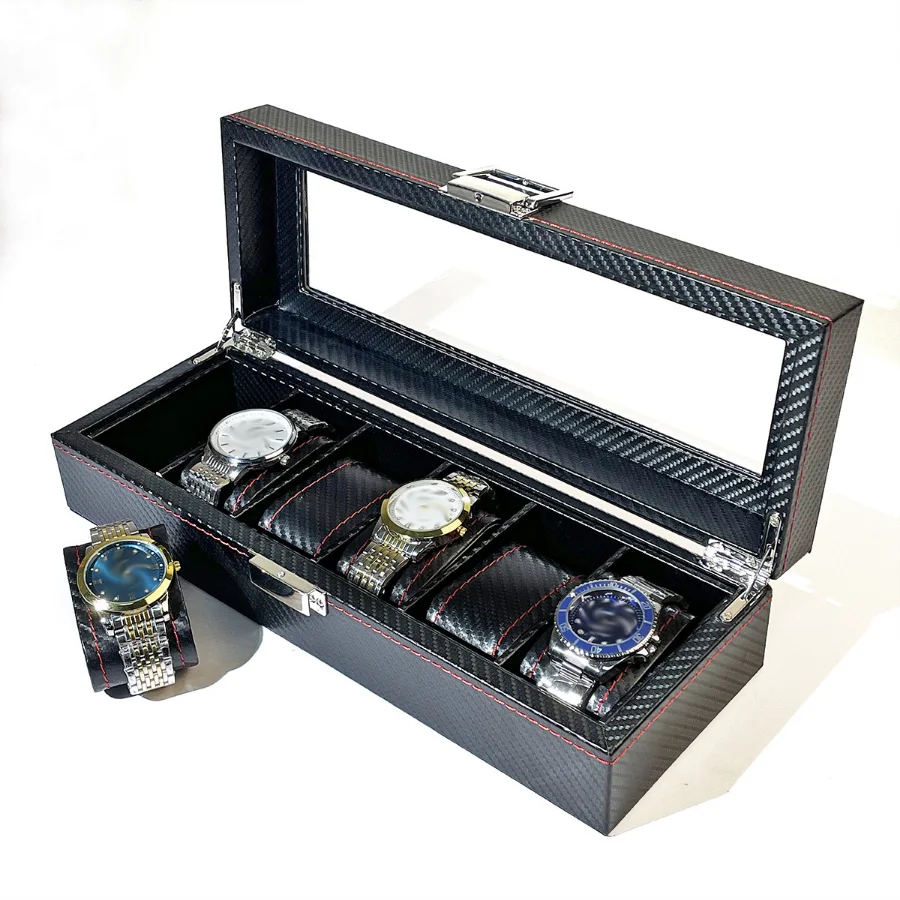 6 Watches High Quality Black Watch Box Wood Materials Display Independent Packaging Carbon Fiber Leather Watch Box Can Store