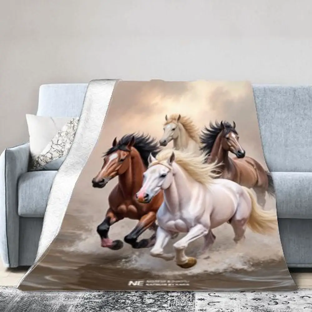 Caballos galopantes en manta de agua fangosa - Escena vibrante de castañas, caballos blancos, crema y marrón oscuro con manos fluidos - So