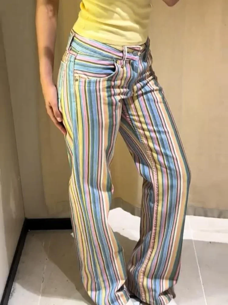 Colorful Stripe Women's Jeans Contrast Pockets Button Low Waist Wide Leg Female Denim Trouser Summer Streetwear Commute Pants