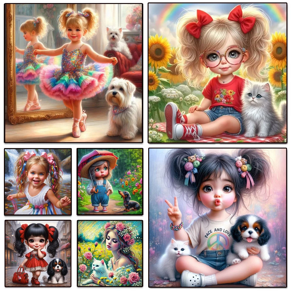 

Алмазная картина 2025 года, милая девочка и маленькая собачка, кошка, полная квадратная круглая алмазная мозаика, стразы, домашний декор, наборы для вышивки крестом