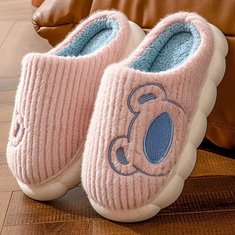 Cartoon Cute Couple Cotton Slippers Thick Bottom Mute Home Warm Embroidery Skin-Friendly Plush Winter Fur Slippers Female