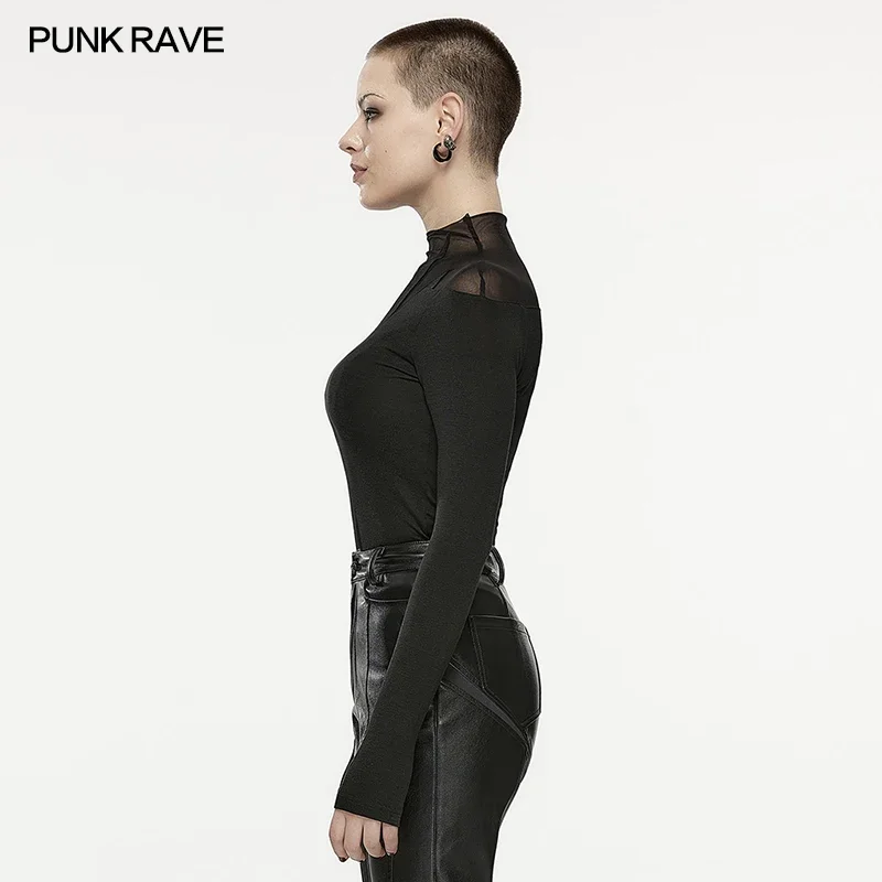 PUNK RAVE Women\'s Punk Heartbeat Mesh Long Sleeve T-shirt Daily  Stand Collar Finger Hole Design Dark Soft Elastic  Tops