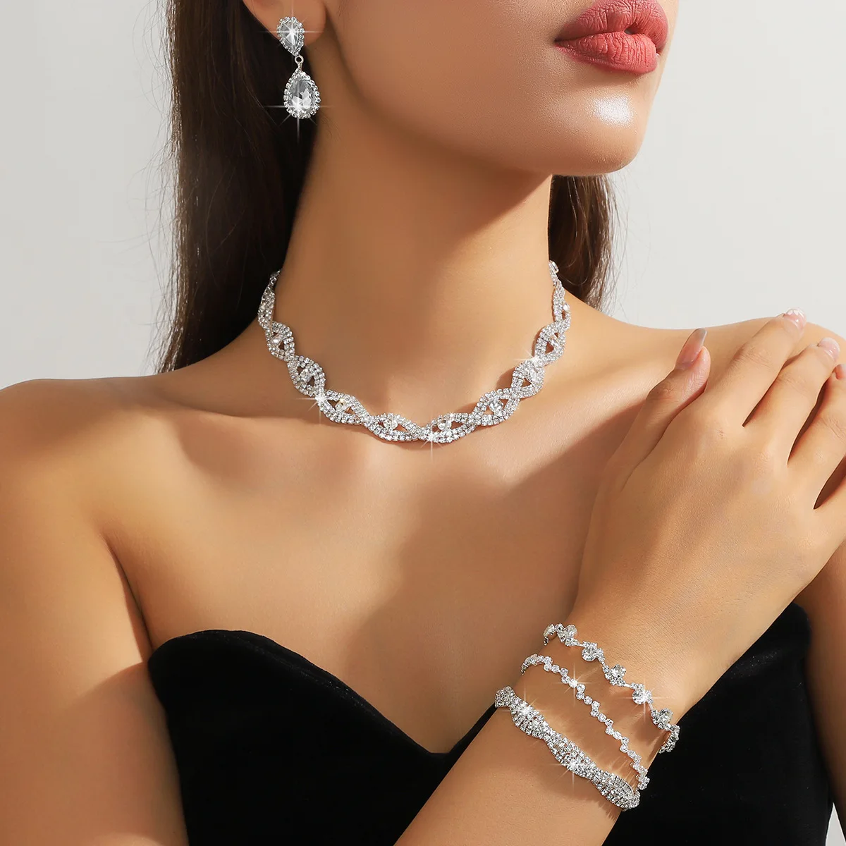 

Color treasure jewelry set 4-piece necklace earrings ring bracelet set alloy zircon luxury dinner necklace female spot wholesale