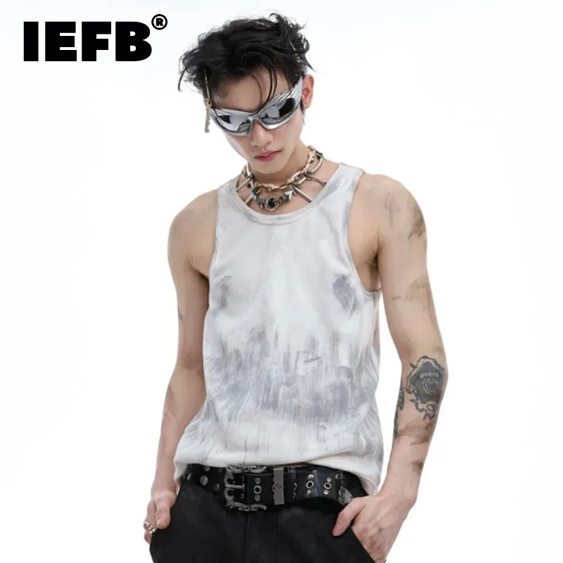 

IEFB Summer Distressed Slim Fit Vest Niche Sleeveless 2024 Tie Dyeing New Fashion Male Tank Tops Contrast Color Casual 24E1293