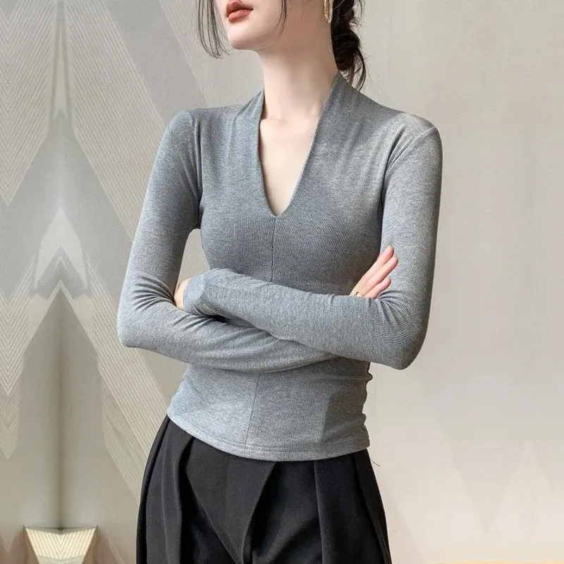 Women Deep V Neck Long Sleeve Top Slim Fit Ribbed Knit Shoulder Design Elegant Casual Basic Undershirt Blouse