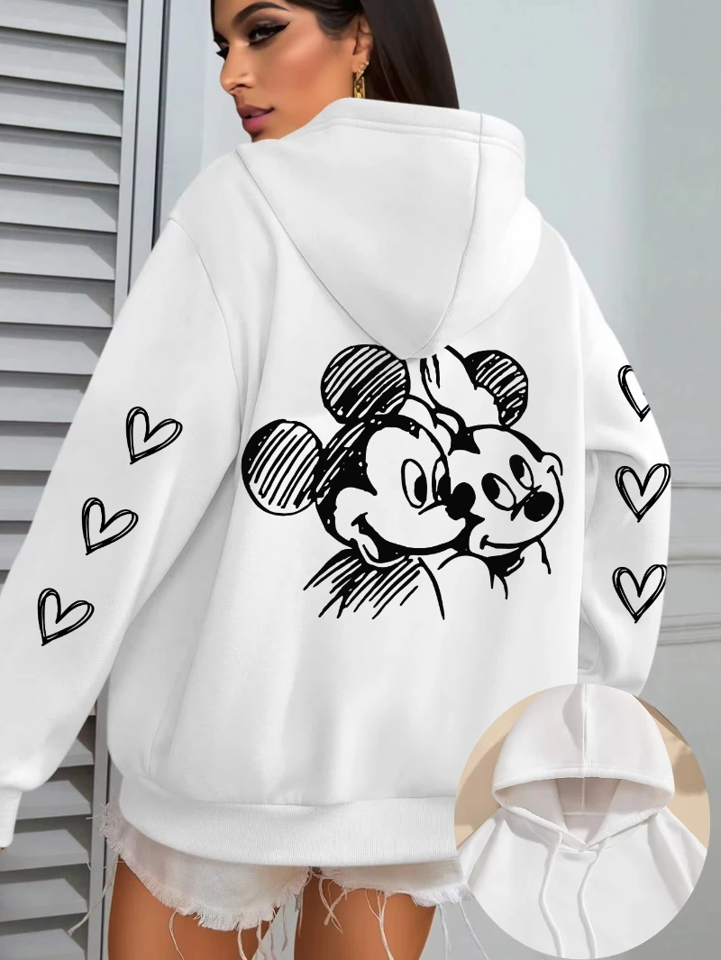 เสื้อฮู้ดดี้ผ้าฟลีซลายมินนี่มิกกี้เมาส์สำหรับผู้หญิงและผู้ชายจากดิสนีย์ เสื้อสเวตเชิ้ตแบบสวมหัวสำหรับฤดูใบไม้ร่วงและฤดูหนาว เสื้อโค้ทโอเวอร์ไซส์