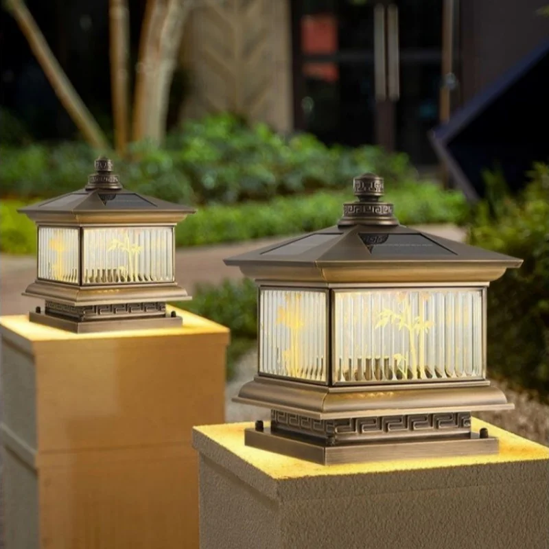 Brass Outdoor Solar Post Lamp Vintage Creative Chinese Brass Pillar Light LED Waterproof IP65 for Home Villa Courtyard