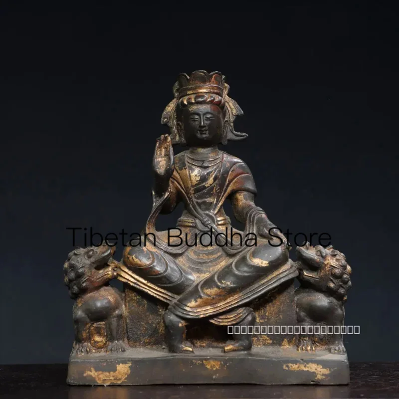 

22cm Tibetan Old Bronze Buddha Bronze Mud Detached Gold Riding Lion Manjusri Guanyin Tara Statue