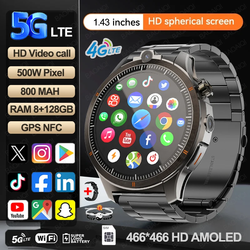 

5G/4G Smart Watch 466*466 HD AMOLED 800mah Battery 8GB+128GB RAM 500W Camera GPS WIFI Google APP Download Smartwatch Android 8.1