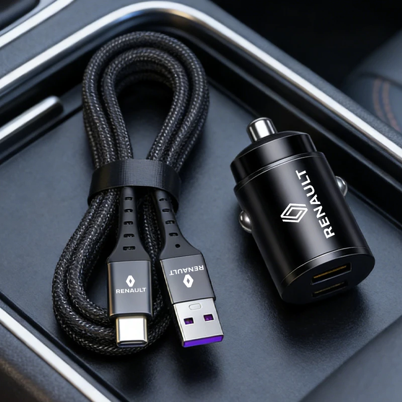 Carregador Rápido USB para Carro com Cabo de Dados e Adaptador para Acendedor de Cigarros para Renault Clio Sandero Captur Megane R5 4 E-tech Scenic Austral